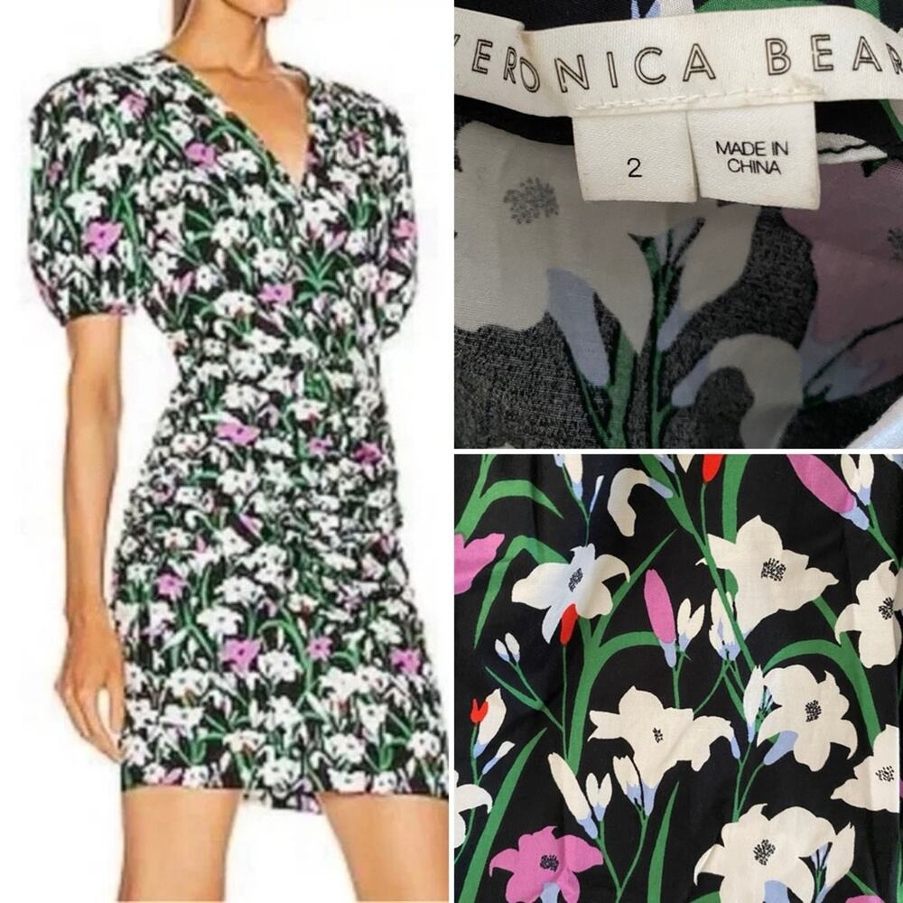 Veronica Beard $495 Janis Floral Ruched Mini Dress Black Floral Multi 2 EUC